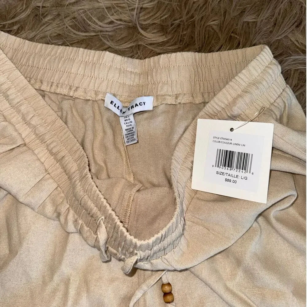 New Ellen Tracy Linen Drawstring Boho Embroidered Shorts Tan Women's size L